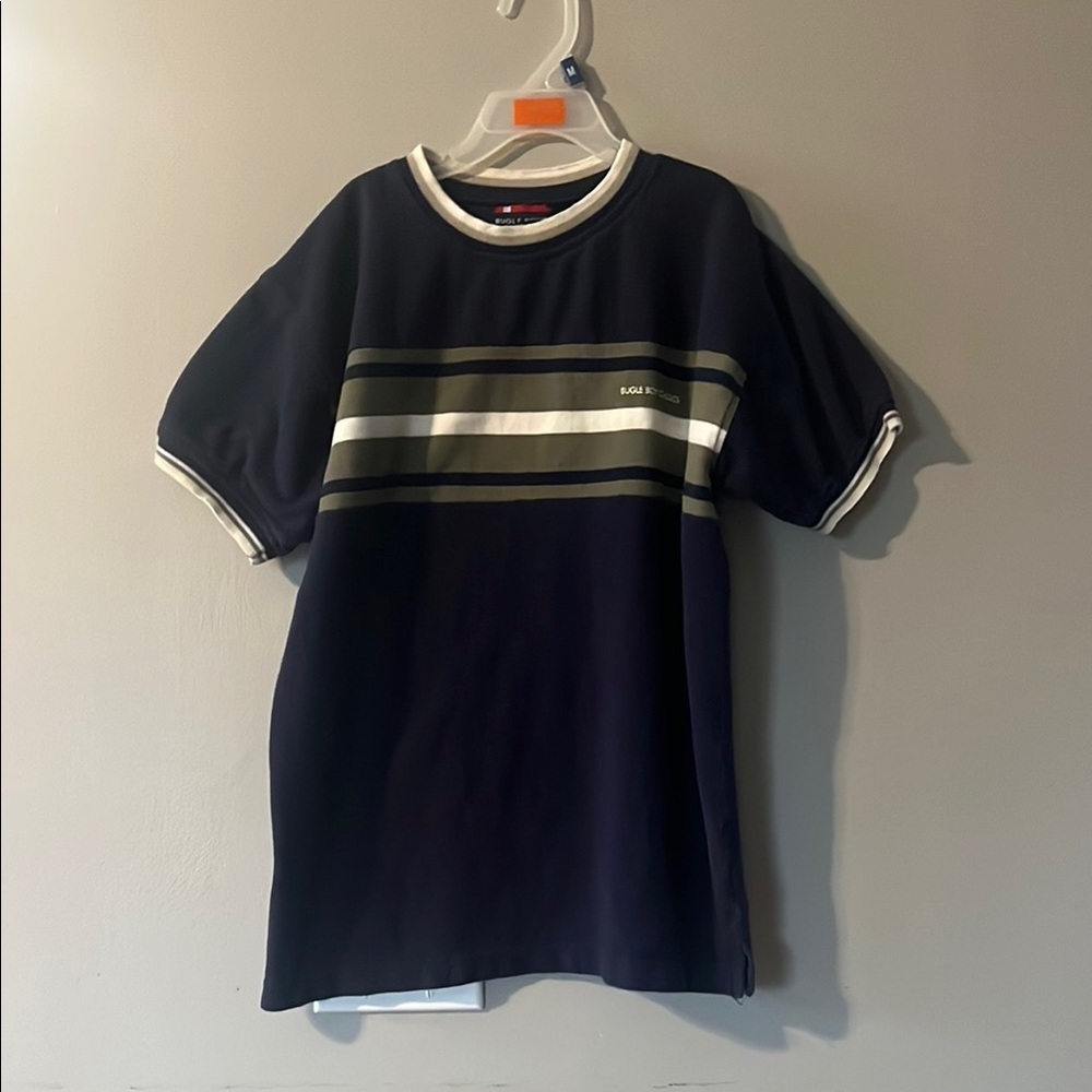 Blue and White Short Sleeve Tee with Striped Design